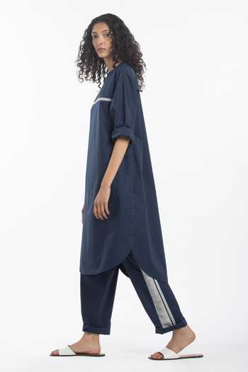 Buy_Three_Blue 100% Cotton Poplin Round Straight Kurta Set _Online_at_Aza_Fashions