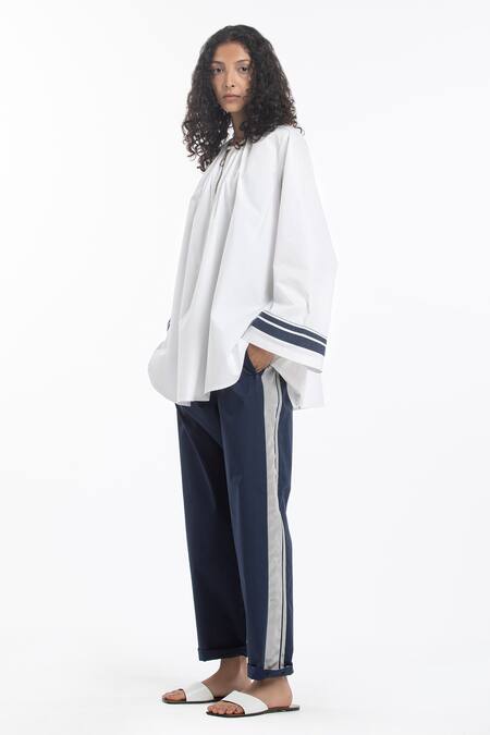 Three_Blue 100% Cotton Poplin Round Top And Pant Set_Online_at_Aza_Fashions