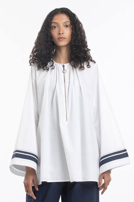 Buy_Three_Blue 100% Cotton Poplin Round Top And Pant Set_Online_at_Aza_Fashions