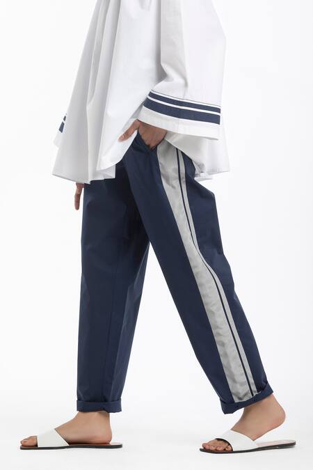 Shop_Three_Blue 100% Cotton Poplin Round Top And Pant Set_Online_at_Aza_Fashions