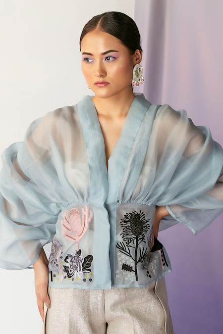 Febo6 Blue Organza Garden Motifs V Neck Sheer Embroidered Overlay Online at Aza Fashions Febo6_Blue Organza Garden Motifs V Neck Sheer Embroidered Overlay _Online_at_Aza_Fashions