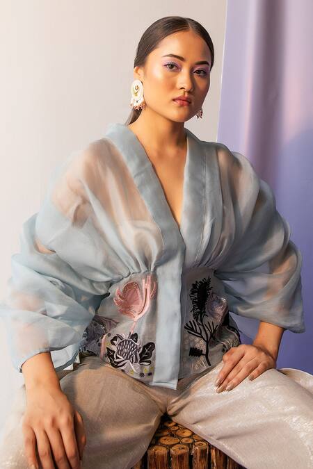 Shop Febo6 Blue Organza Garden Motifs V Neck Sheer Embroidered Overlay Online at Aza Fashions Shop_Febo6_Blue Organza Garden Motifs V Neck Sheer Embroidered Overlay _Online_at_Aza_Fashions