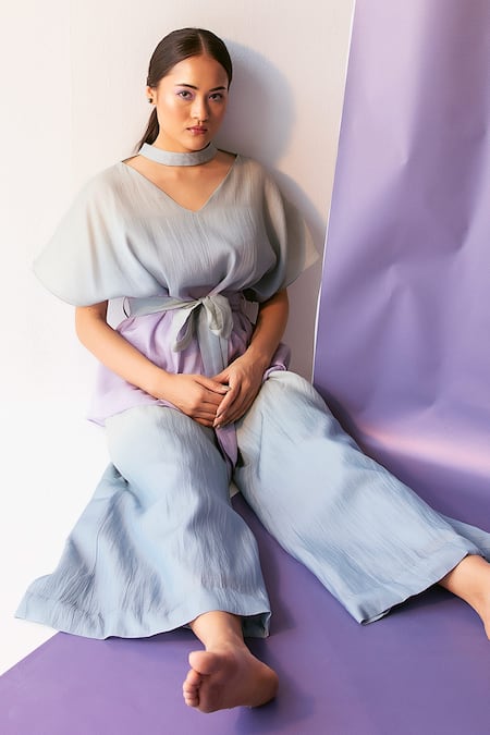 Buy_Febo6_Multi Color Cotton Organza Round Ombre Top And Flared Pant Set_Online_at_Aza_Fashions