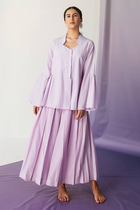 Febo6_Purple Cotton Silk Band Collar Flared Sleeves Jacket And Pant Set_Online_at_Aza_Fashions
