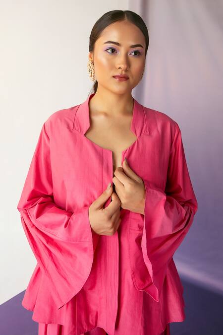 Buy_Febo6_Pink Cotton Silk Band Collar Flared Sleeves Jacket And Pant Set_Online_at_Aza_Fashions