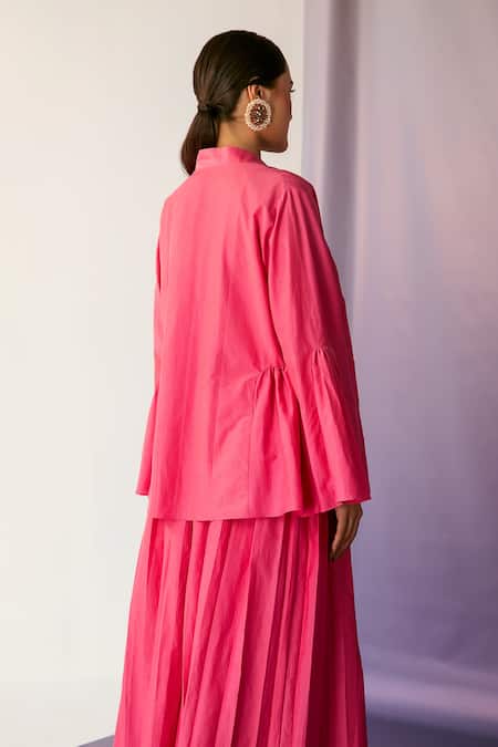 Shop_Febo6_Pink Cotton Silk Band Collar Flared Sleeves Jacket And Pant Set_Online_at_Aza_Fashions