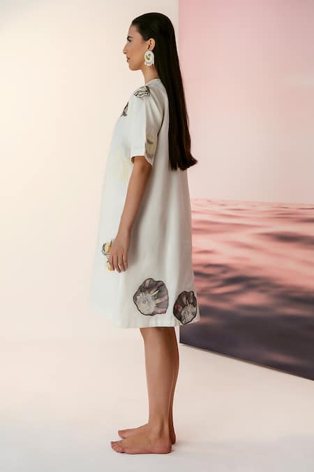Febo6_Off White Organza Round Marine Motifs Dress_Online_at_Aza_Fashions
