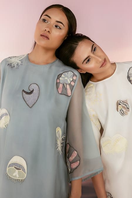 Buy_Febo6_Off White Organza Round Marine Motifs Dress_Online_at_Aza_Fashions