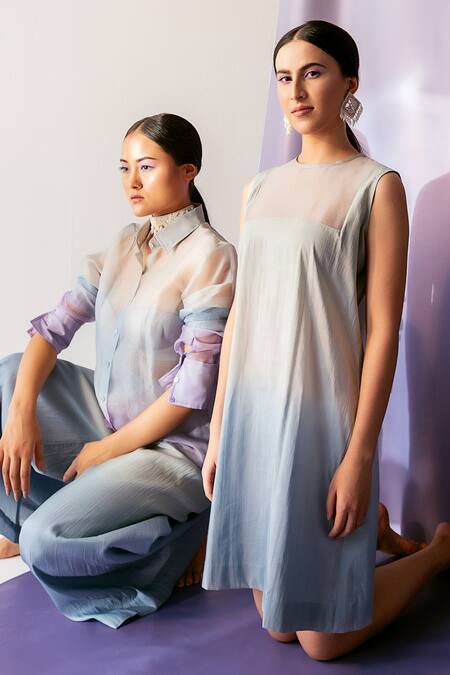 Febo6_Green Cotton Silk Round Ombre Short Dress _Online_at_Aza_Fashions