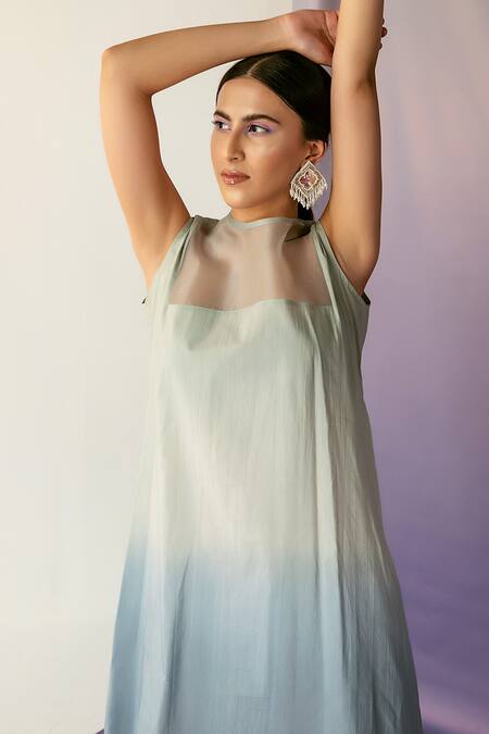 Buy_Febo6_Green Cotton Silk Round Ombre Short Dress _Online_at_Aza_Fashions