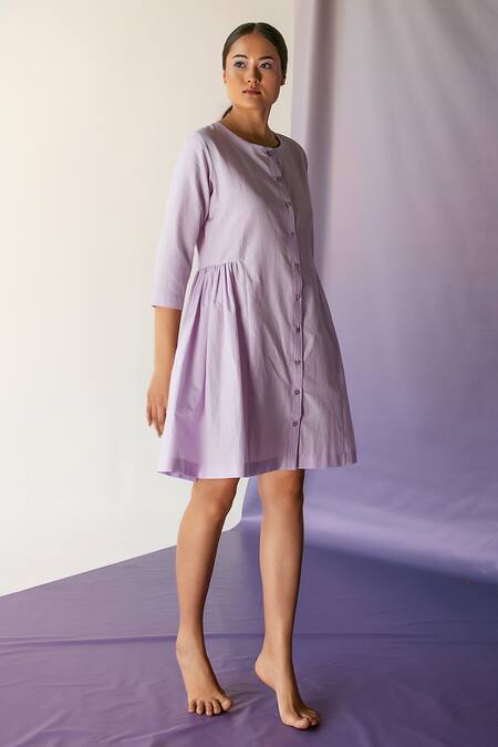 Febo6_Purple Cotton Silk Plain Round Dress _Online_at_Aza_Fashions