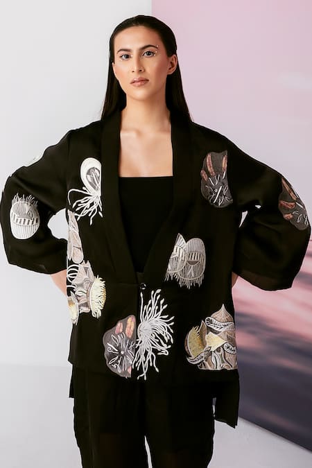 FEBo6 Black Organza Satin Embroidery Seashore Open Jacket  