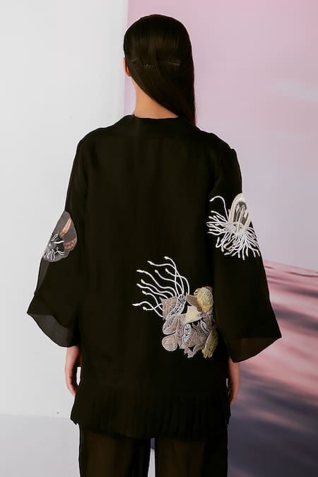 Shop Febo6 Black Organza Satin Thread, Seashore Open Embroidered Jacket at Aza Fashions Shop_Febo6_Black Organza Satin Thread, Seashore Open Embroidered Jacket _at_Aza_Fashions