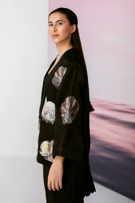 Febo6 Black Organza Satin Thread, Seashore Open Embroidered Jacket Online at Aza Fashions Febo6_Black Organza Satin Thread, Seashore Open Embroidered Jacket _Online_at_Aza_Fashions