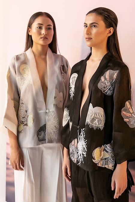 Buy Febo6 Black Organza Satin Thread, Seashore Open Embroidered Jacket Online at Aza Fashions Buy_Febo6_Black Organza Satin Thread, Seashore Open Embroidered Jacket _Online_at_Aza_Fashions