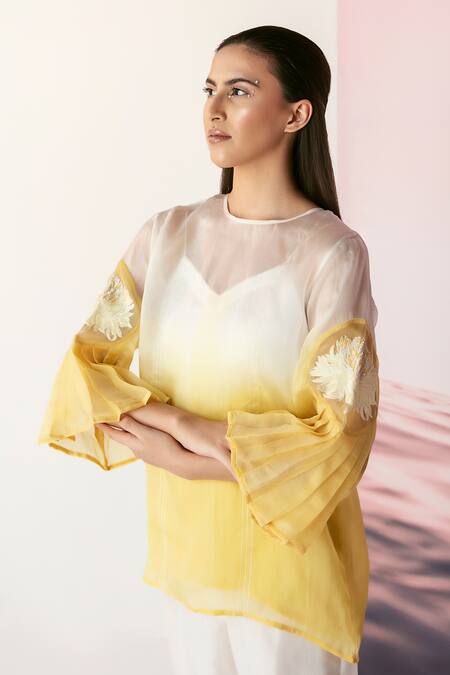 Buy_Febo6_Yellow Organza Silk Thread Work Straight Ombre Top_Online_at_Aza_Fashions