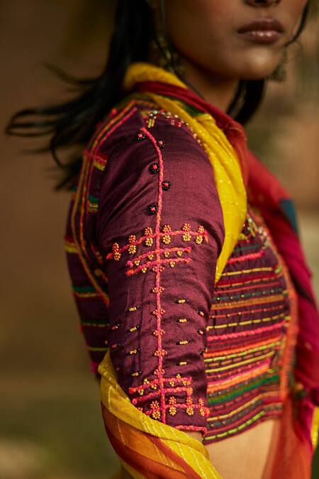 Medha_Multi Color Blouse Handwoven Chiniya Silk Saree Textured With  _at_Aza_Fashions