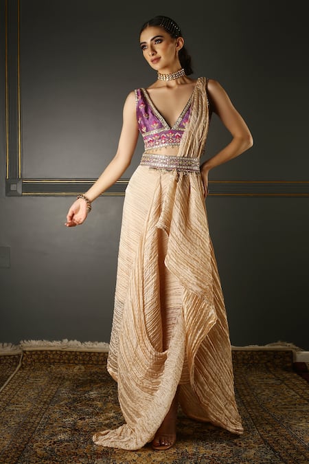 Aditi Gupta Pink Textured Georgette Blouse Pure Silk Draped Dhoti Saree With 