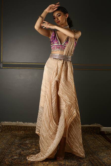 Aditi Gupta_Pink Textured Georgette Blouse Pure Silk Draped Dhoti Saree With Embroidered _Online_at_Aza_Fashions