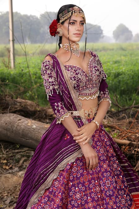 Aditi Gupta Purple Lehenga Handwoven Banarasi Blouse Pure Dupatta Crushed Set Online at Aza Fashions Aditi Gupta_Purple Lehenga Handwoven Banarasi Blouse Pure Dupatta Crushed Set _Online_at_Aza_Fashions