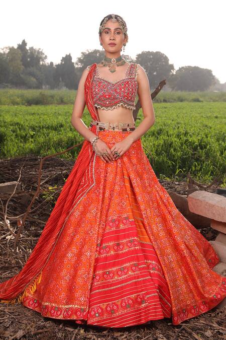 Aditi Gupta_Orange Lehenga Handwoven Banarasi Blouse Pure Silk Ikat Embroidered Set _Online_at_Aza_Fashions