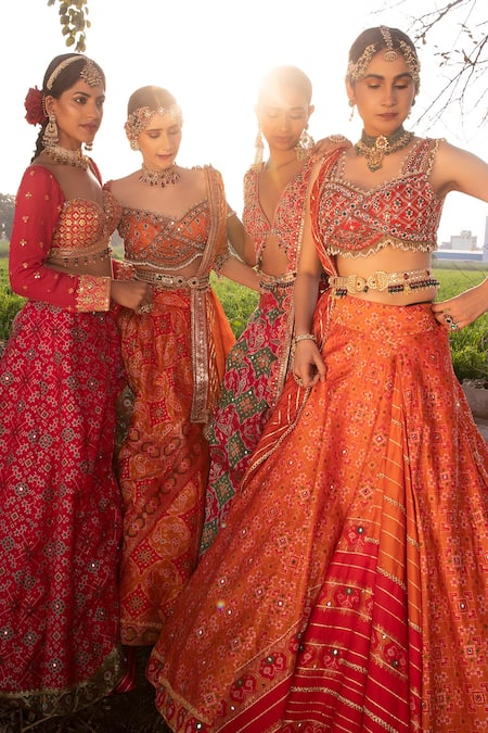 Buy_Aditi Gupta_Orange Lehenga Handwoven Banarasi Blouse Pure Silk Ikat Embroidered Set _Online_at_Aza_Fashions