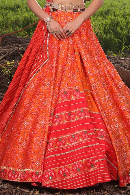 Shop_Aditi Gupta_Orange Lehenga Handwoven Banarasi Blouse Pure Silk Ikat Embroidered Set _Online_at_Aza_Fashions