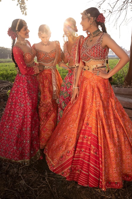 Buy_Aditi Gupta_Pink Handwoven Banarasi Organza Resham And Mirror Embroidered Lehenga Set _Online_at_Aza_Fashions