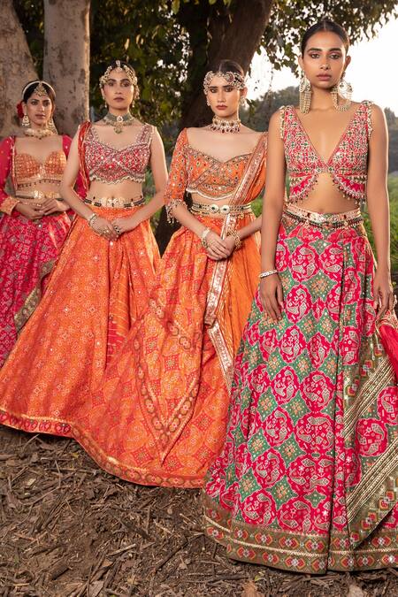 Buy_Aditi Gupta_Green Lehenga Handwoven Banarasi Blouse Silk Mirror Embroidered Ikat Set _Online_at_Aza_Fashions