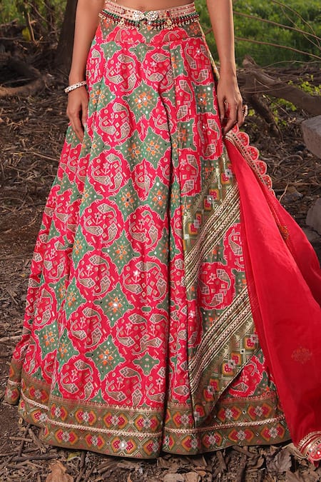 Shop_Aditi Gupta_Green Lehenga Handwoven Banarasi Blouse Silk Mirror Embroidered Ikat Set _Online_at_Aza_Fashions