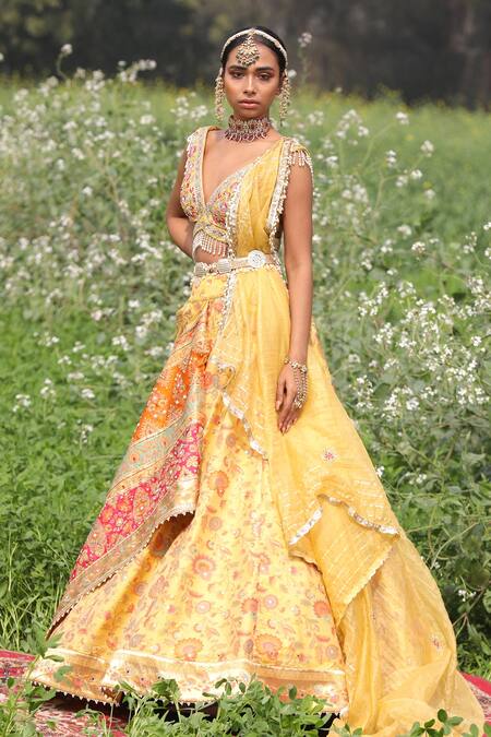 Aditi Gupta_Yellow Lehenga Handwoven Banarasi Blouse Pure Silk Dupatta Embroidered Set _Online_at_Aza_Fashions