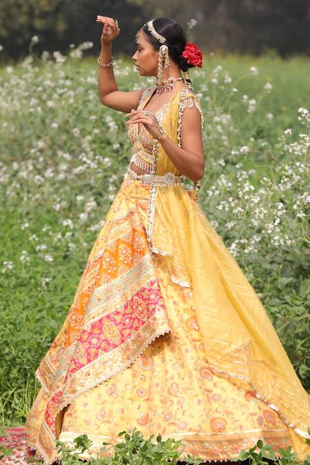 Buy_Aditi Gupta_Yellow Lehenga Handwoven Banarasi Blouse Pure Silk Dupatta Embroidered Set _Online_at_Aza_Fashions