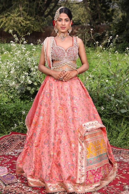 Peach Colour Georgette Choli with Multi Brocade and Mukaish Silkmul  Panelled Lehnega with Net Dupatta