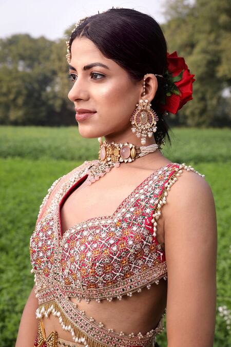 Buy_Aditi Gupta_Peach Lehenga Banarasi Silk Blouse Pure Silk Dupatta Embroidered Set _Online_at_Aza_Fashions