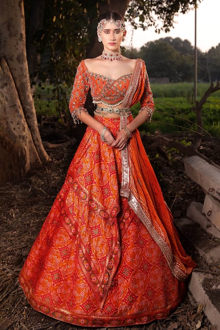 Aditi Gupta_Orange Lehenga Banarasi Silk Blouse Pure Silk Dupatta Ikat Embroidered Set _Online_at_Aza_Fashions