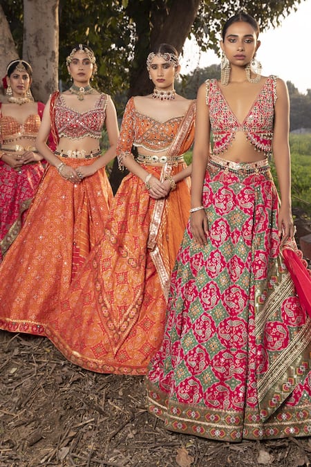 Buy_Aditi Gupta_Orange Lehenga Banarasi Silk Blouse Pure Silk Dupatta Ikat Embroidered Set _Online_at_Aza_Fashions