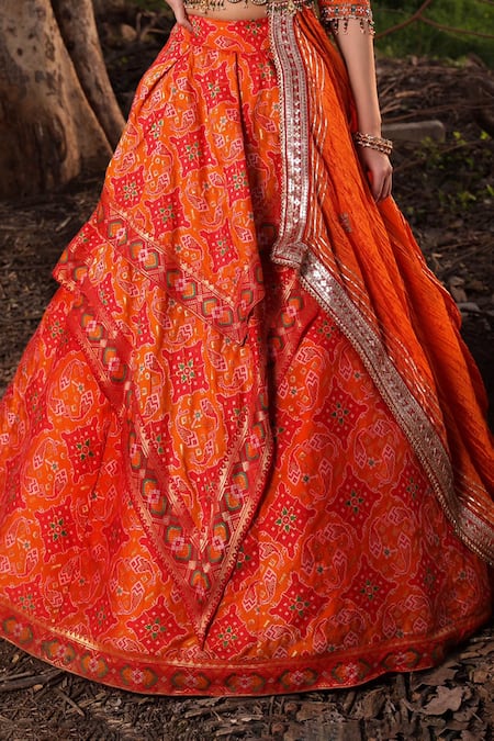 Shop_Aditi Gupta_Orange Lehenga Banarasi Silk Blouse Pure Silk Dupatta Ikat Embroidered Set _Online_at_Aza_Fashions