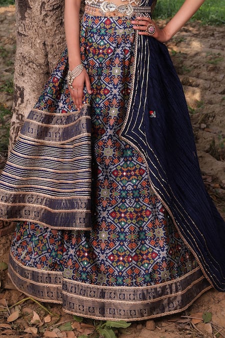 Buy_Aditi Gupta_Blue Lehenga Banarasi Silk Blouse Pure Silk Dupatta Crush Woven Patola Set _Online_at_Aza_Fashions