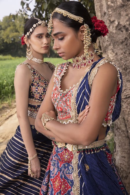 Aditi Gupta_Blue Lehenga Banarasi Silk Blouse Pure Silk Dupatta Crush Woven Patola Set _Online_at_Aza_Fashions