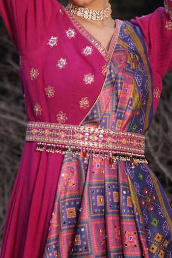 Aditi Gupta_Pink Anarkali Georgette Dupatta Pure Silk Mirror V Neck Pleated With Patola _Online_at_Aza_Fashions