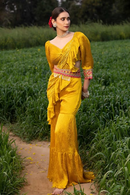 Aditi Gupta Yellow Pure Silk Pleated Sharara Set With Meenakari Kamarbandh  