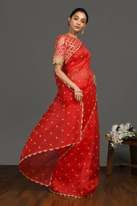 Onaya_Red Organza Embroidery Floral Round Saree With Blouse _Online_at_Aza_Fashions
