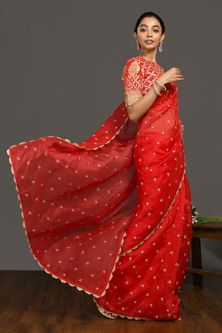 Buy_Onaya_Red Organza Embroidery Floral Round Saree With Blouse _Online_at_Aza_Fashions