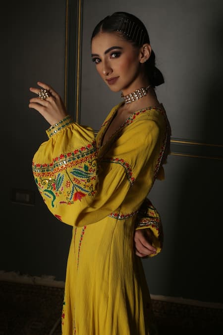 Shop_Aditi Gupta_Yellow Anarkali Georgette Dupatta Textured Pure Silk Backless With Crushed _Online_at_Aza_Fashions