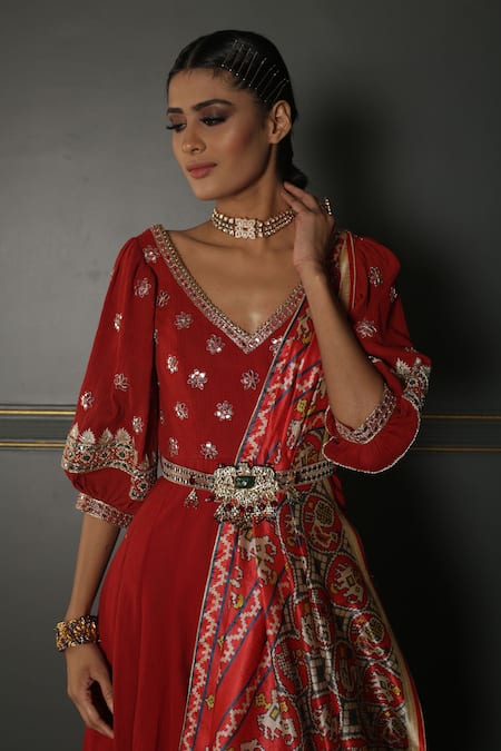 Buy_Aditi Gupta_Red Anarkali Georgette Dupatta Pure Silk V Neck Balloon Sleeve With _Online_at_Aza_Fashions