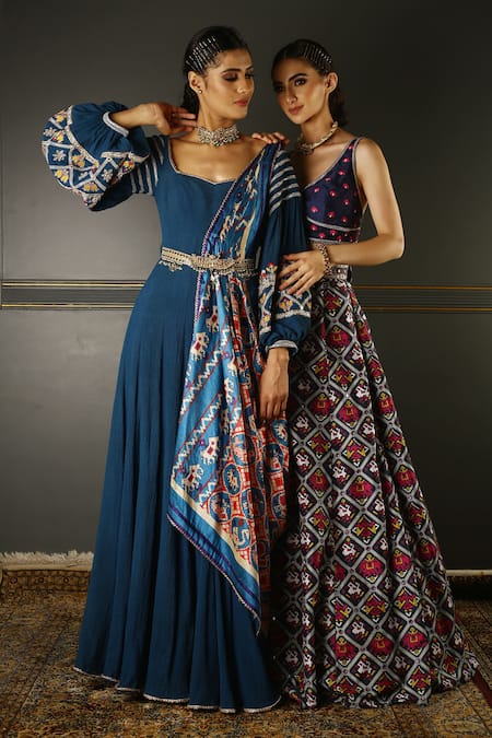 Shop Aditi Gupta Blue Anarkali Georgette Dupatta Pure Silk Resham, Zardozi Embroidered With at Aza Fashions Shop_Aditi Gupta_Blue Anarkali Georgette Dupatta Pure Silk Resham, Zardozi Embroidered With _at_Aza_Fashions