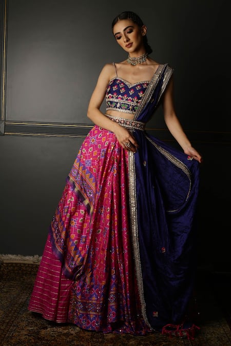 Buy Pink Lehenga And Blouse Dupatta Textured Patola Print Set For Women ...