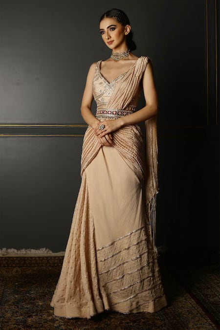 Aditi Gupta_Beige Textured Georgette Gota, Resham, Zardozi V Pre-draped Saree With Blouse _Online_at_Aza_Fashions