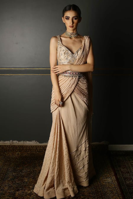 Buy_Aditi Gupta_Beige Textured Georgette Gota, Resham, Zardozi V Pre-draped Saree With Blouse _Online_at_Aza_Fashions