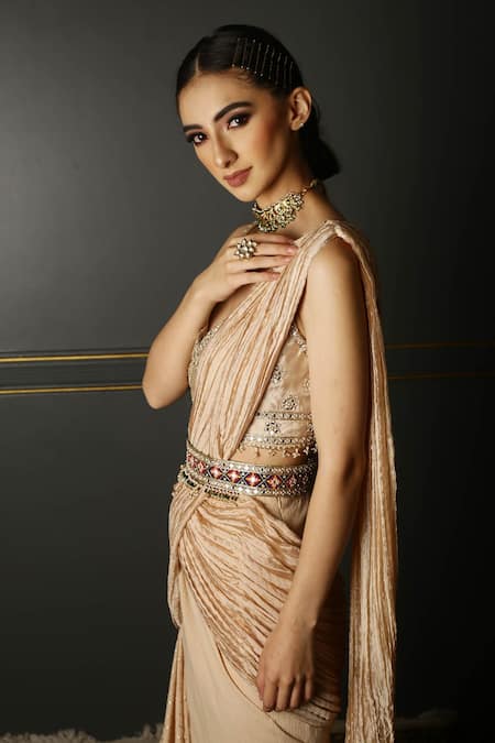 Shop_Aditi Gupta_Beige Textured Georgette Gota, Resham, Zardozi V Pre-draped Saree With Blouse _Online_at_Aza_Fashions